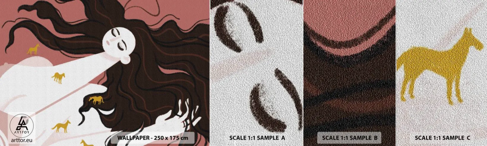 Fototapeten Muster Premium Sand - Traum von einem goldenen Pferd - Frau, Porträt, Minimalismus - 100x30 cm