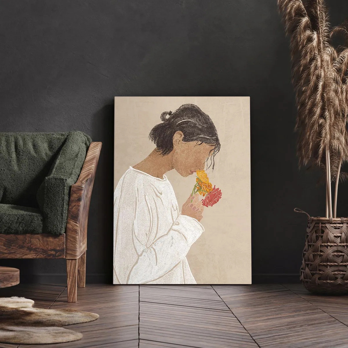 Bild auf Leinwand - Leinwandbild - Mädchen und Blumen - 70x100 cm