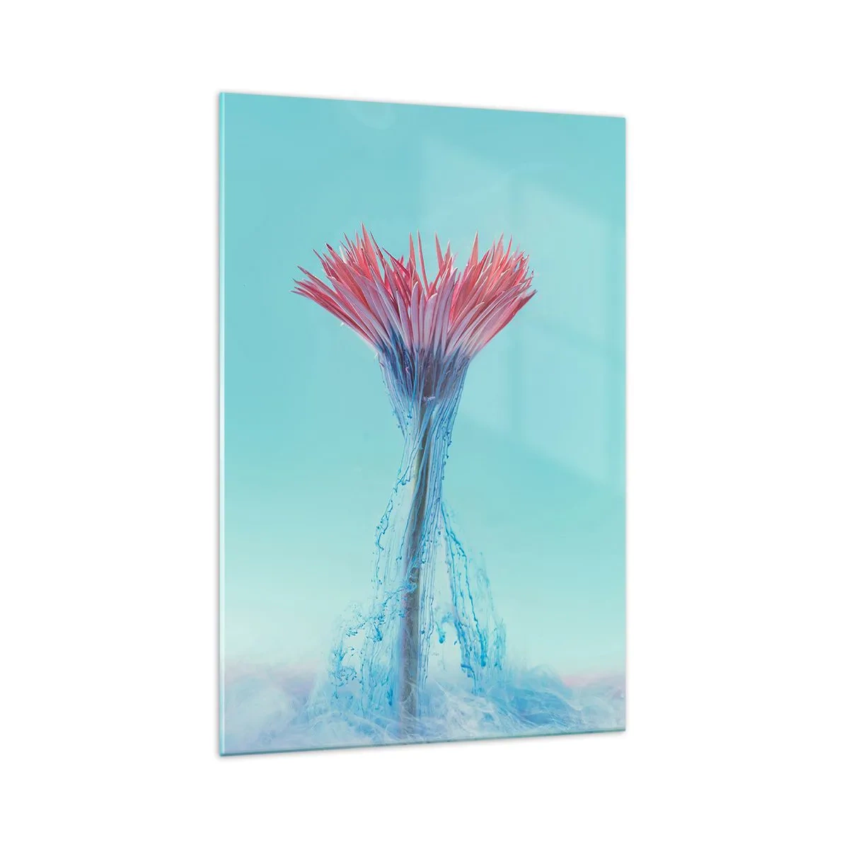 Glasbild - Bild auf glas - Eine rosa und blaue Blume in einem künstlerischen Arrangement vor einem pastellfarbenen Hintergrund - 70x100cm - In einer belebenden Umarmung - Moderne Wanddekoration für Wohnzimmer und Schlafzimmer ARTTOR