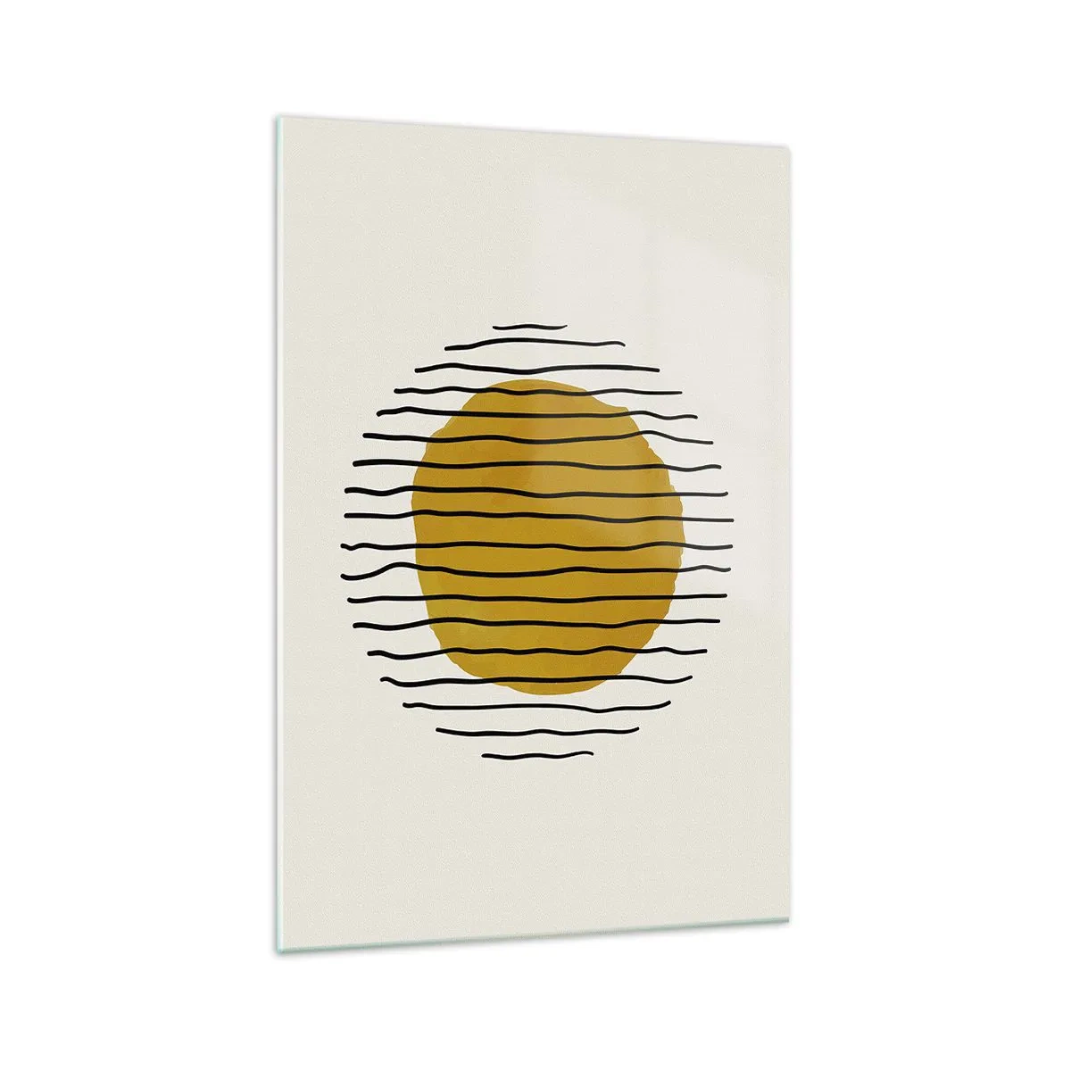 Glasbild - Bild auf glas - Ein minimalistisches Motiv mit einem gelben Kreis und schwarzen Linien. - 70x100cm - Abstraktion, die vor Hitze zittert - Moderne Wanddekoration für Wohnzimmer und Schlafzimmer ARTTOR