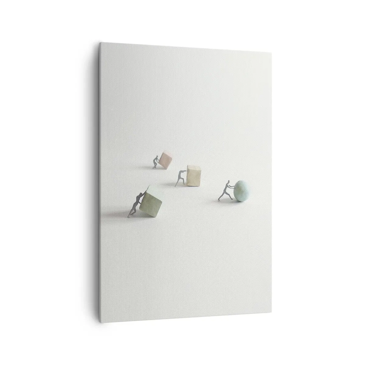 Bild auf Leinwand - Leinwandbild - Miniaturfiguren, die Formen vor einem hellen Hintergrund schieben - 70x100cm - Pures Leben - Moderne Wanddekoration für Wohnzimmer und Schlafzimmer ARTTOR