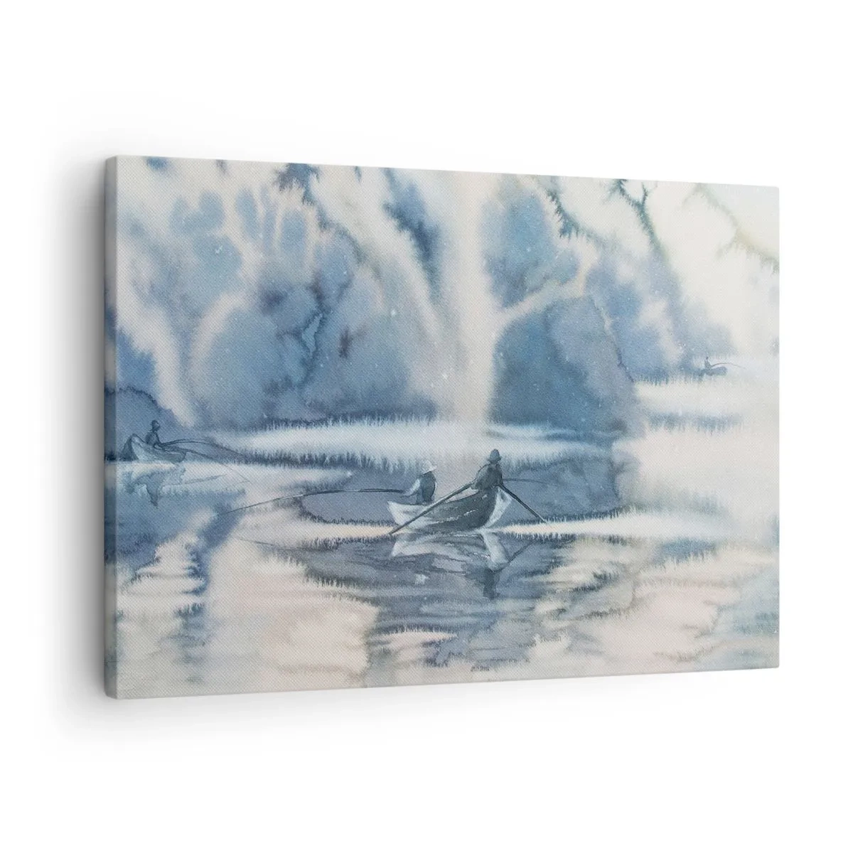 Bild auf Leinwand - Leinwandbild - Aquarelllandschaft mit Booten auf einem See, umgeben von einem nebligen Wald - 70x50cm - Angler in ihrem Paradies - Moderne Wanddekoration für Wohnzimmer und Schlafzimmer ARTTOR