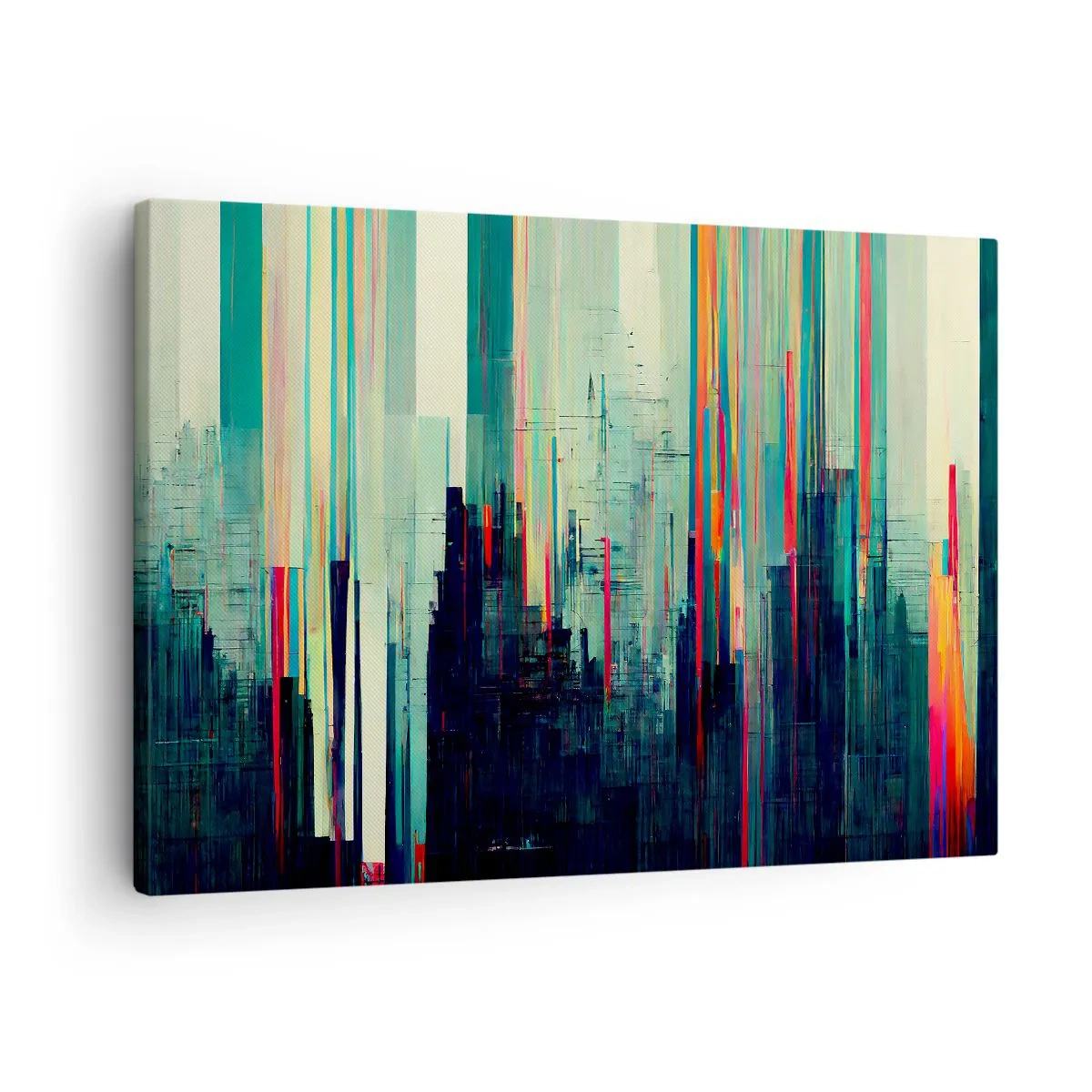 Bild auf Leinwand - Leinwandbild - Abstraktion mit vertikalen Linien und einer Stadtsilhouette - 70x50cm - Futuristische Stadt - Moderne Wanddekoration für Wohnzimmer und Schlafzimmer ARTTOR
