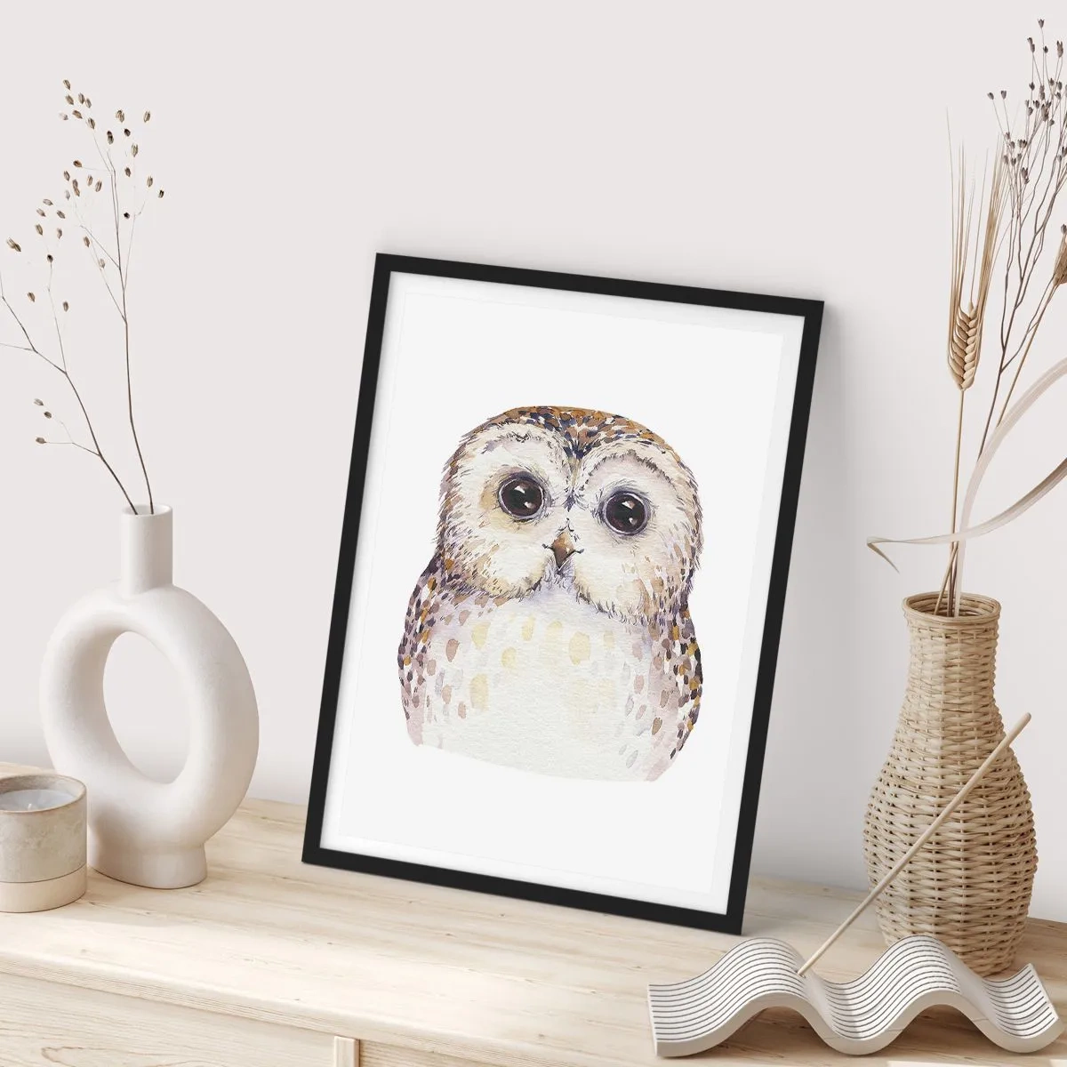 Poster in einem schwarzem Rahmen - Ein bezauberndes Aquarellporträt einer Eule - 50x70cm - Schau mir in die Augen - Moderne Wanddekoration für Wohnzimmer und Schlafzimmer ARTTOR