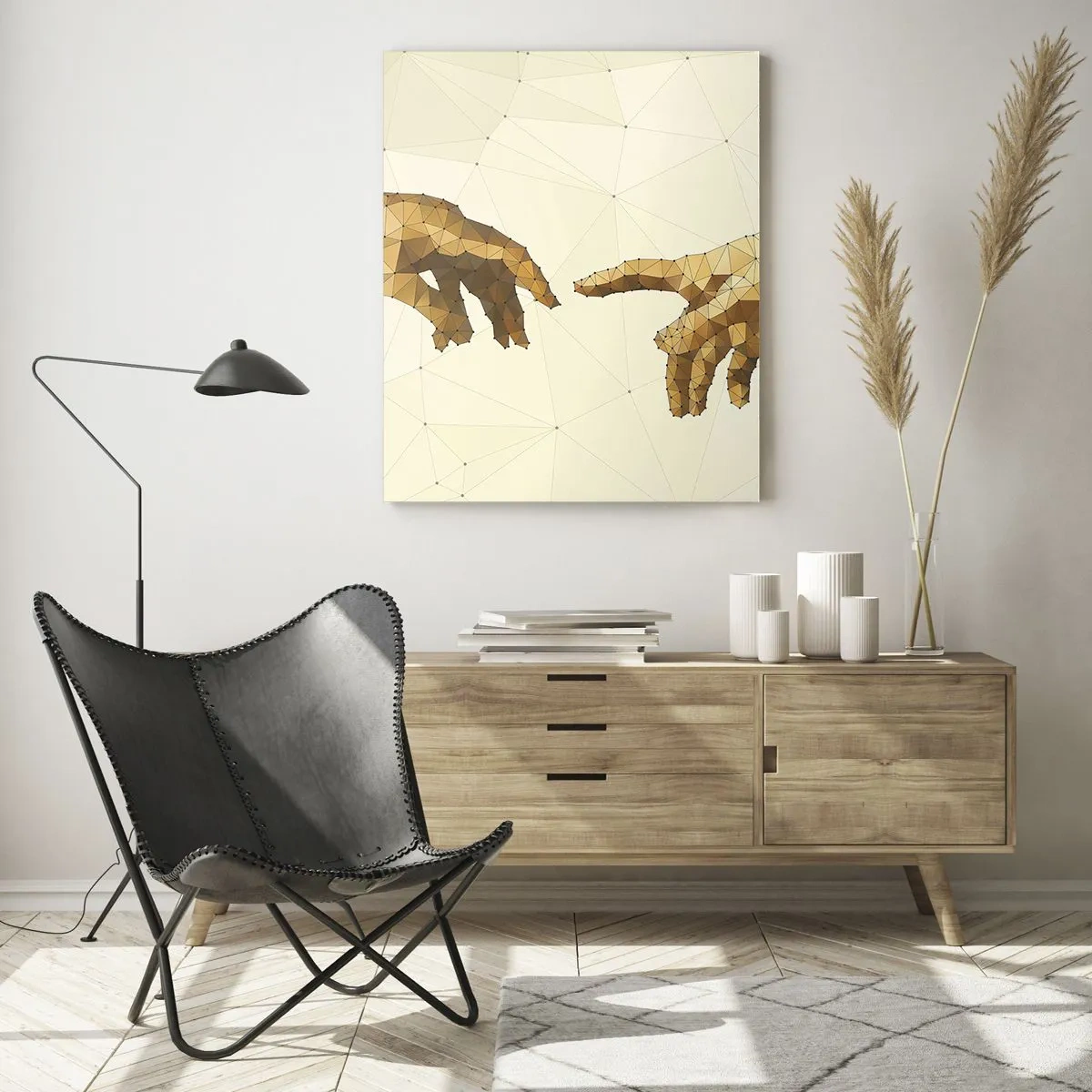 Glasbild - Bild auf glas - Geometrische Hände, die sich vor hellem Hintergrund nacheinander ausstrecken - 70x100cm - Göttliche Geometrie - Moderne Wanddekoration für Wohnzimmer und Schlafzimmer ARTTOR