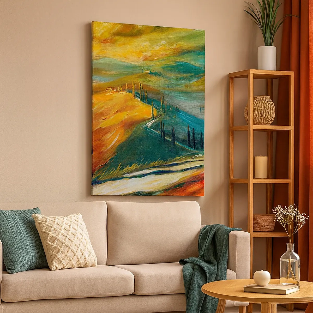 Bild auf Leinwand - Leinwandbild - Toskanische Landschaft mit Feldern, Straße und Zypressen - 50x70cm - Toskanische Landschaft - Moderne Wanddekoration für Wohnzimmer und Schlafzimmer ARTTOR