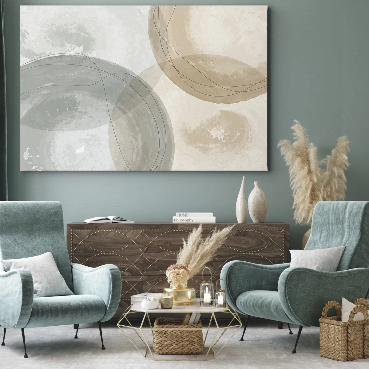 Bild auf Leinwand - Leinwandbild - Abstrakte Komposition in Pastellfarben mit Linien - 100x70cm - Welten durchdringen - Moderne Wanddekoration für Wohnzimmer und Schlafzimmer ARTTOR