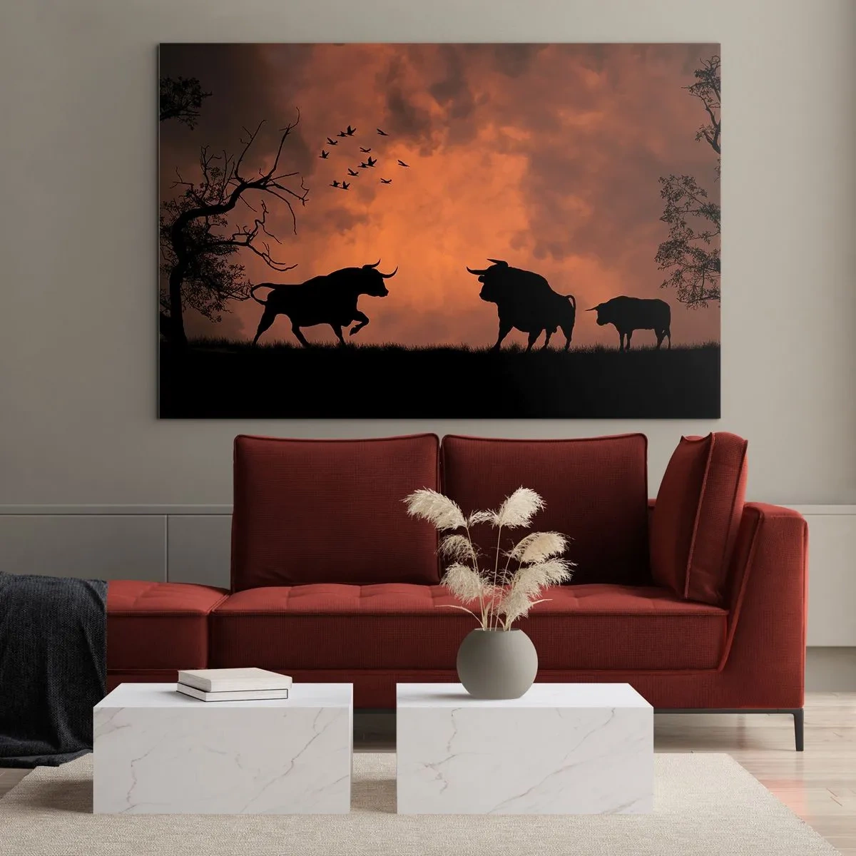 Glasbild - Bild auf glas - Silhouetten von Stieren vor einem orangefarbenen Himmel in der Abenddämmerung - 70x50cm - Ein dramatisches Naturschauspiel - Moderne Wanddekoration für Wohnzimmer und Schlafzimmer ARTTOR
