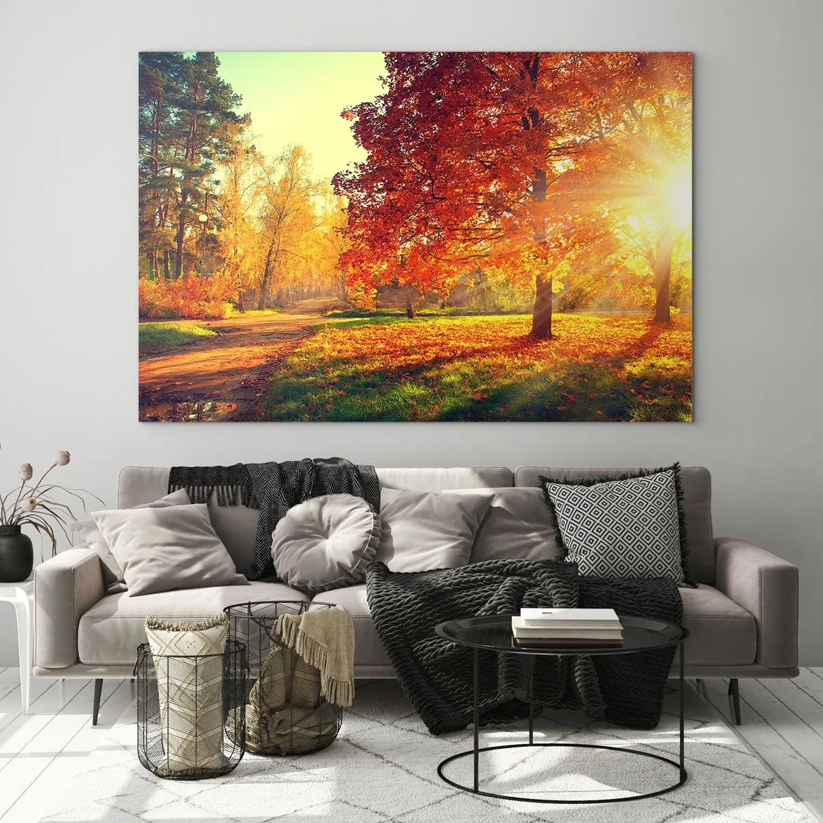 Glasbild - Bild auf glas - Herbstallee mit Sonnenstrahlen - 70x50cm - Unhöflich ist schön - Moderne Wanddekoration für Wohnzimmer und Schlafzimmer ARTTOR