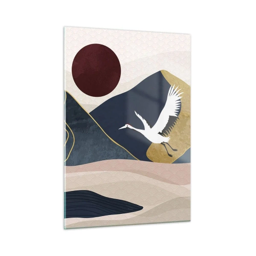 Glasbild - Bild auf glas - Zwei Kraniche fliegen über eine hügelige Landschaft mit einer roten Sonne. - 50x70cm - Es ist wieder ein Tag VERFLOGEN - Moderne Wanddekoration für Wohnzimmer und Schlafzimmer ARTTOR