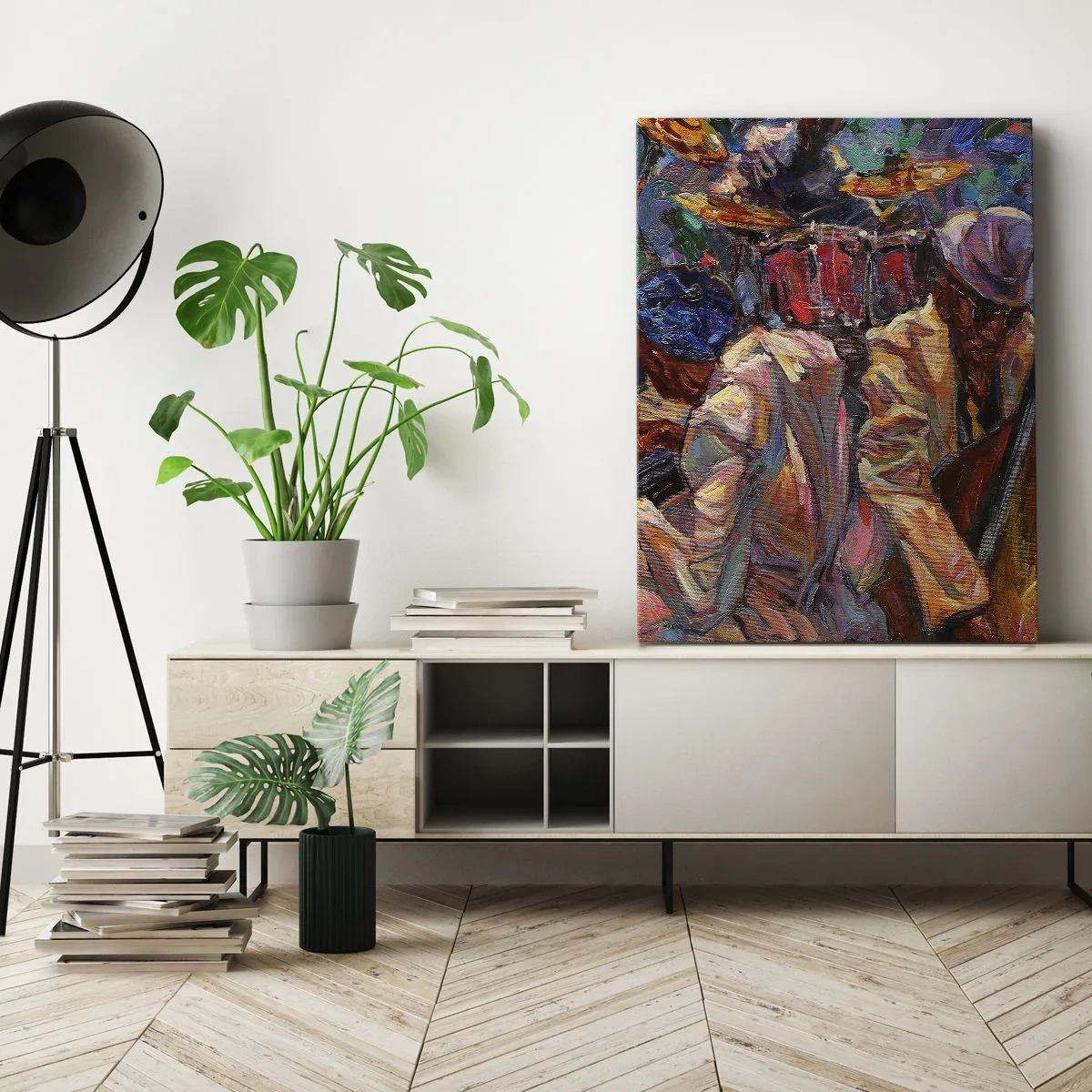 Bild auf Leinwand - Leinwandbild - Energetische Jazzszene mit Musikern und Instrumenten - 50x70cm - In einem Schlag - Moderne Wanddekoration für Wohnzimmer und Schlafzimmer ARTTOR