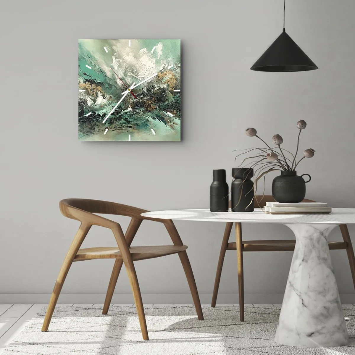 Wanduhr - Glasuhr - Abstrakte Landschaft in Grün- und Goldtönen - 30x30cm - Smaragdgrüne und schwarze Brandung - Moderne Wanddekoration für Wohnzimmer und Schlafzimmer ARTTOR