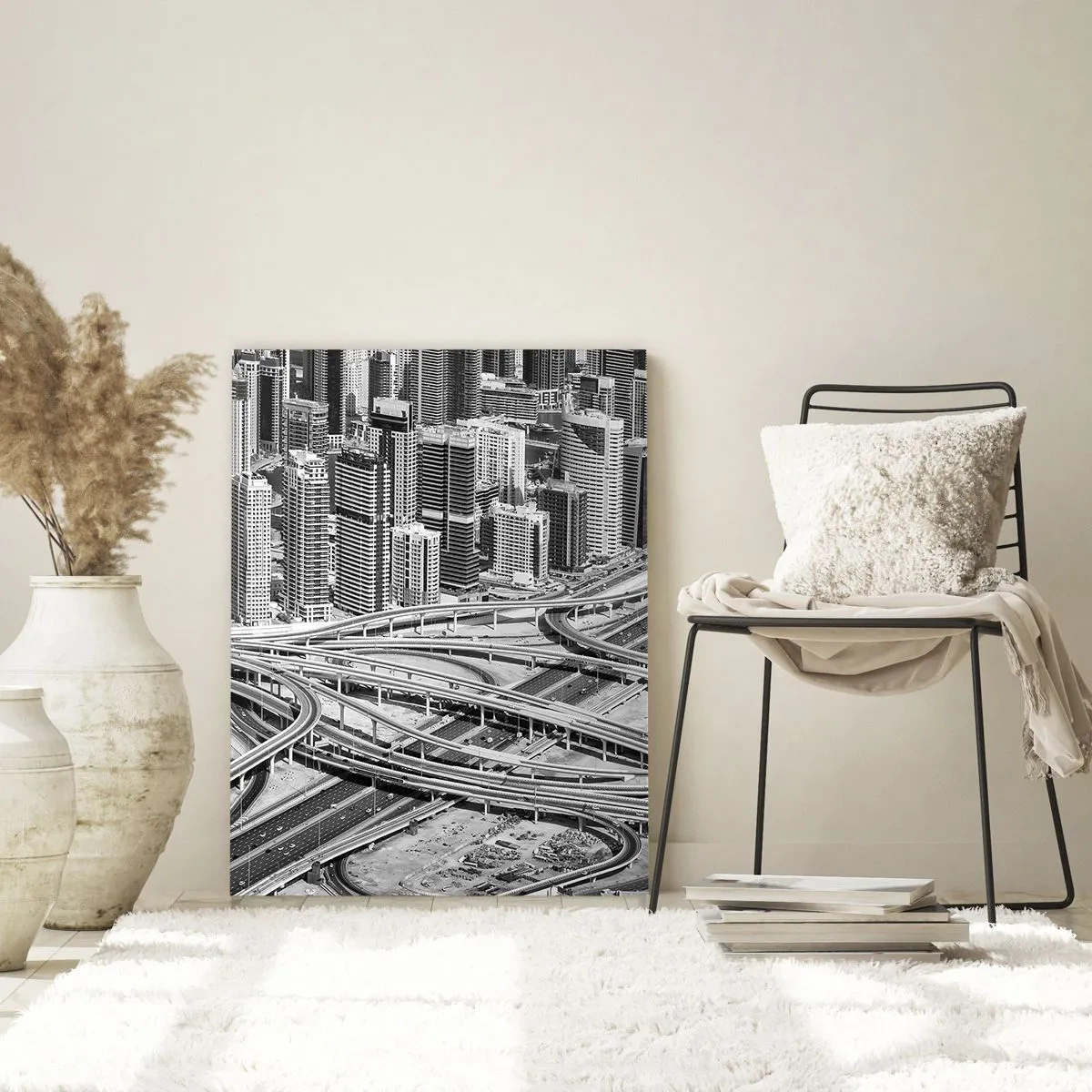 Glasbild - Bild auf glas - Schwarz-Weiß-Panorama der Stadt mit Autobahnkreuz - 50x70cm - Dubai - die unmögliche Stadt - Moderne Wanddekoration für Wohnzimmer und Schlafzimmer ARTTOR
