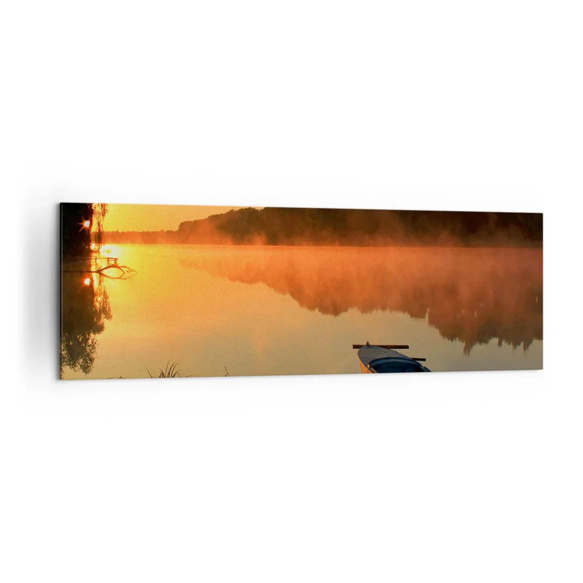 Bild auf Leinwand - Leinwandbild - Morgennebel über dem Fluss mit einem Boot in den Sonnenstrahlen - 160x50cm - Sonnenaufgang über dem Wasser wie ein Spiegel - Moderne Wanddekoration für Wohnzimmer und Schlafzimmer ARTTOR