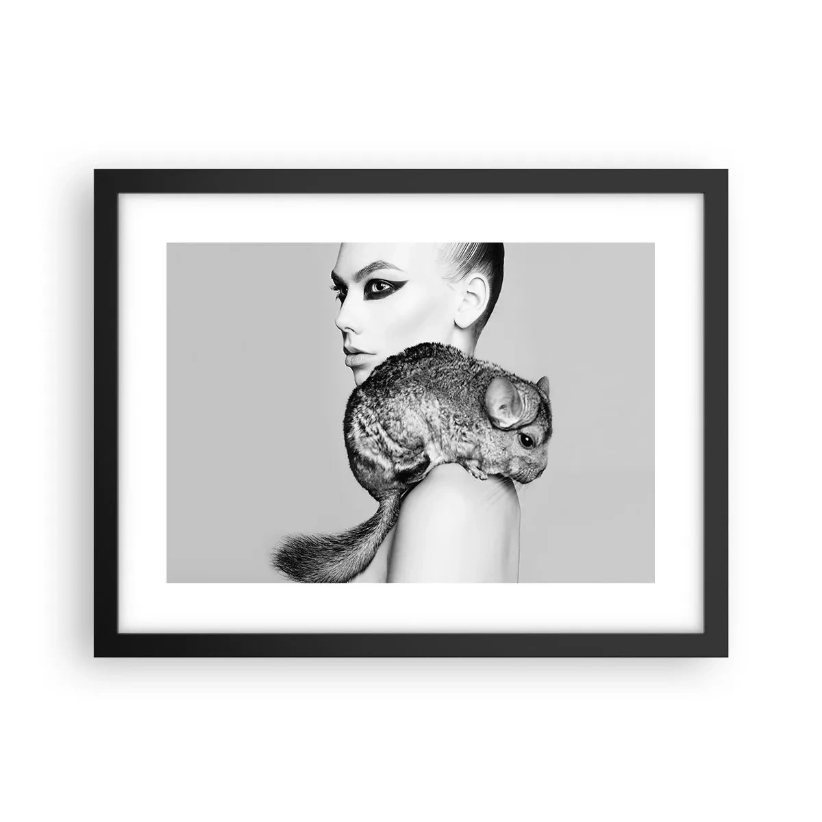 Poster in einem schwarzem Rahmen - Dame mit einem Chinchilla - 40x30 cm
