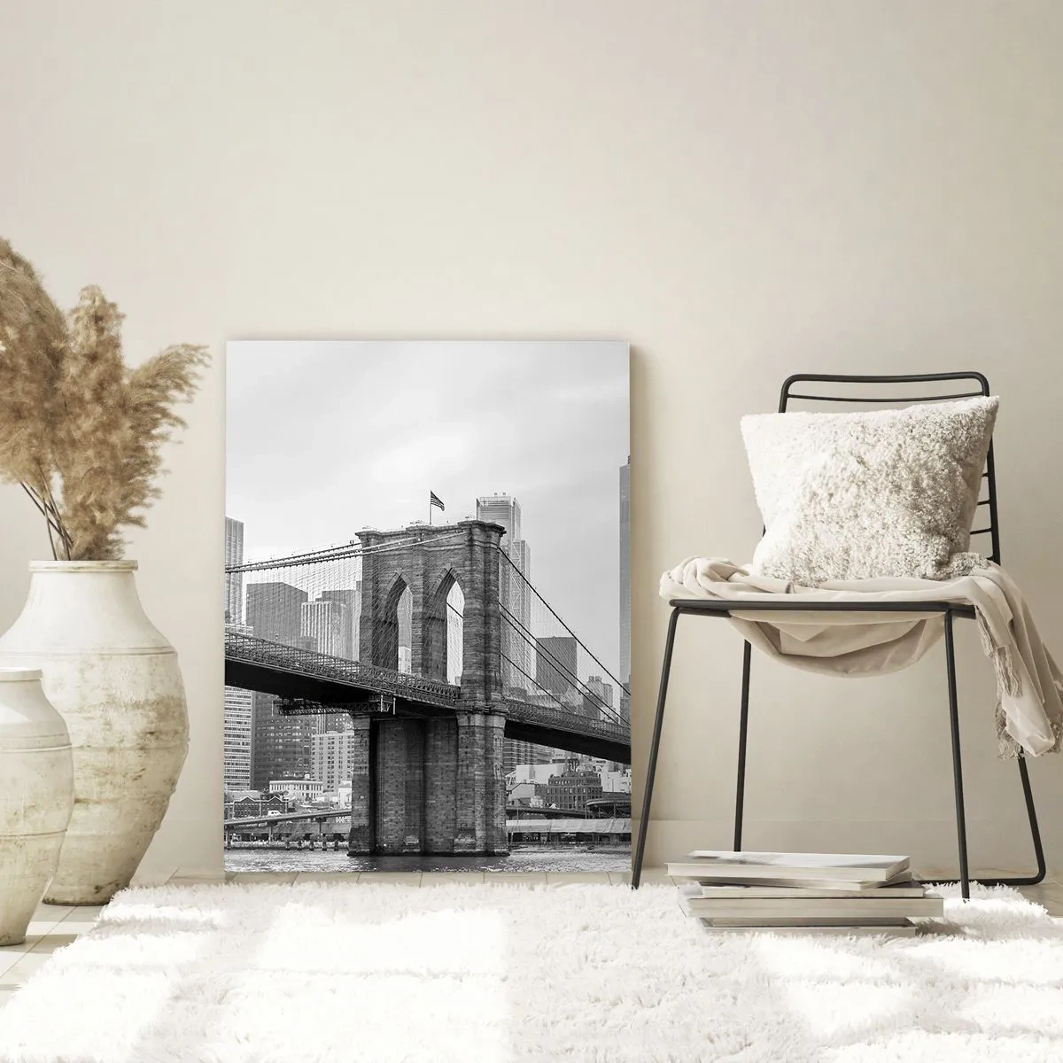 Glasbild - Bild auf glas - Brooklyn Bridge mit New Yorker Wolkenkratzern im Hintergrund - 80x120cm - New Yorker Atmosphäre - Moderne Wanddekoration für Wohnzimmer und Schlafzimmer ARTTOR