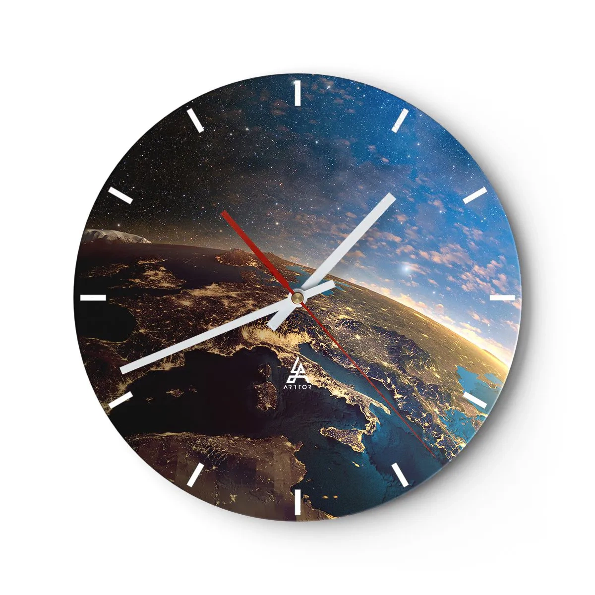 Wanduhr - Glasuhr - Blick auf die Erde aus dem Weltraum mit beleuchteten Kontinenten - 30x30cm - Schauen wir uns aus der Ferne an - Moderne Wanddekoration für Wohnzimmer, Küche und Schlafzimmer ARTTOR