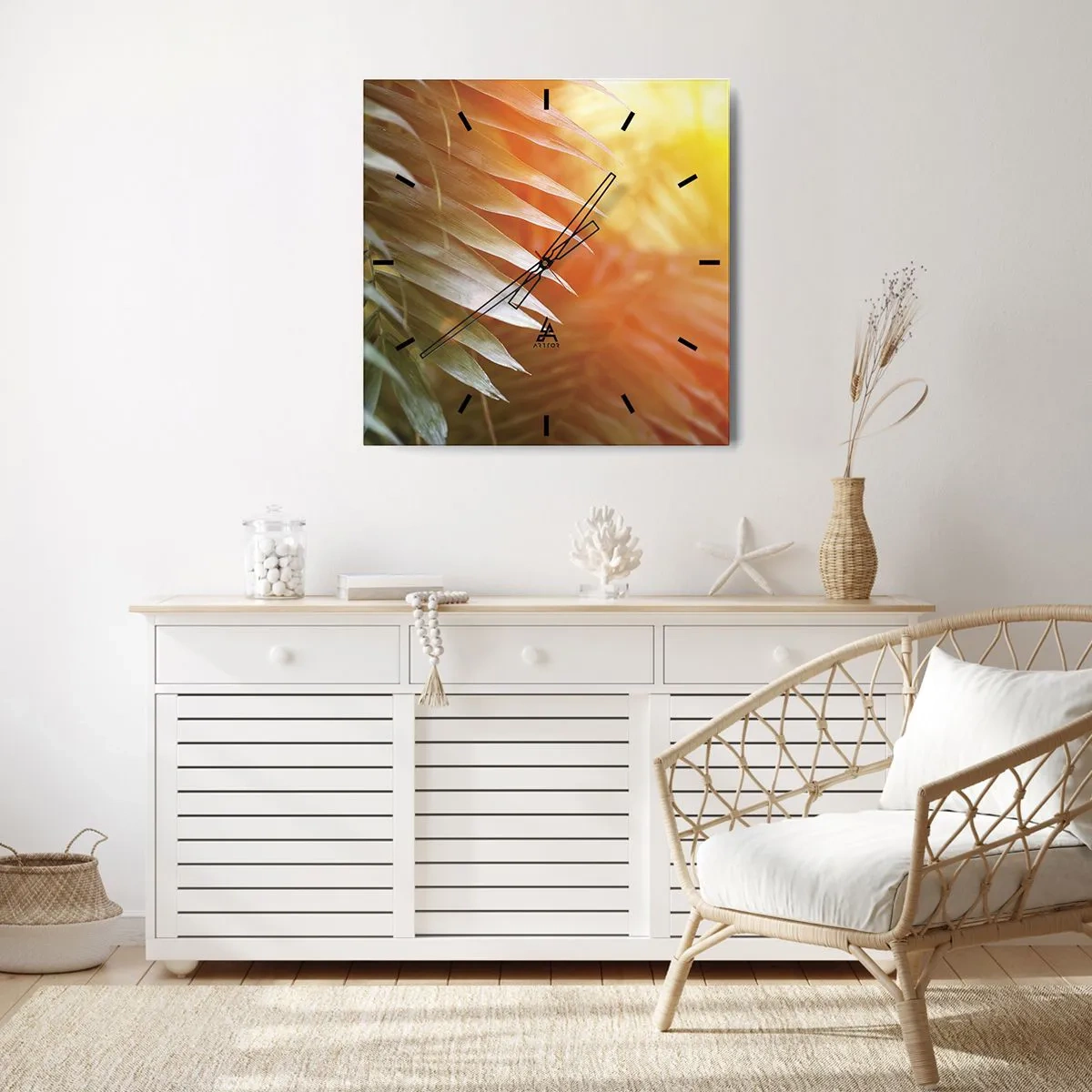 Wanduhr - Glasuhr - Palmblätter in den Strahlen des Sonnenuntergangs - 30x30cm - Morgen im Dschungel - Moderne Wanddekoration für Wohnzimmer und Schlafzimmer ARTTOR
