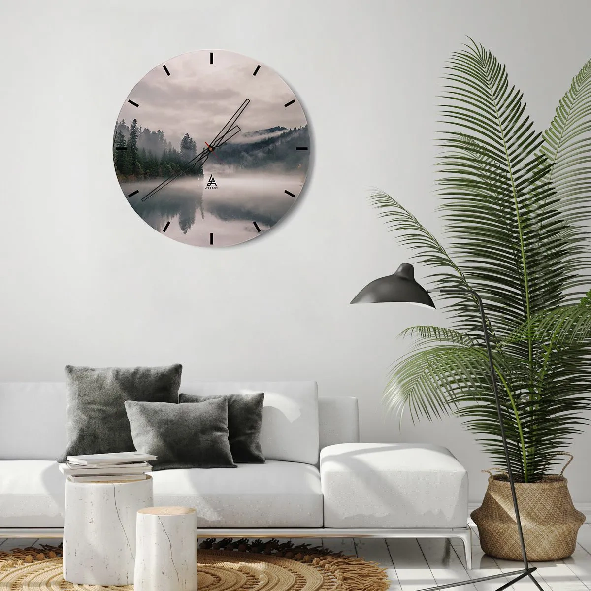 Wanduhr - Glasuhr - Nebliger Wald über einem ruhigen See am Morgen - 30x30cm - In Reflexion, im Nebel - Moderne Wanddekoration für Wohnzimmer, Küche und Schlafzimmer ARTTOR