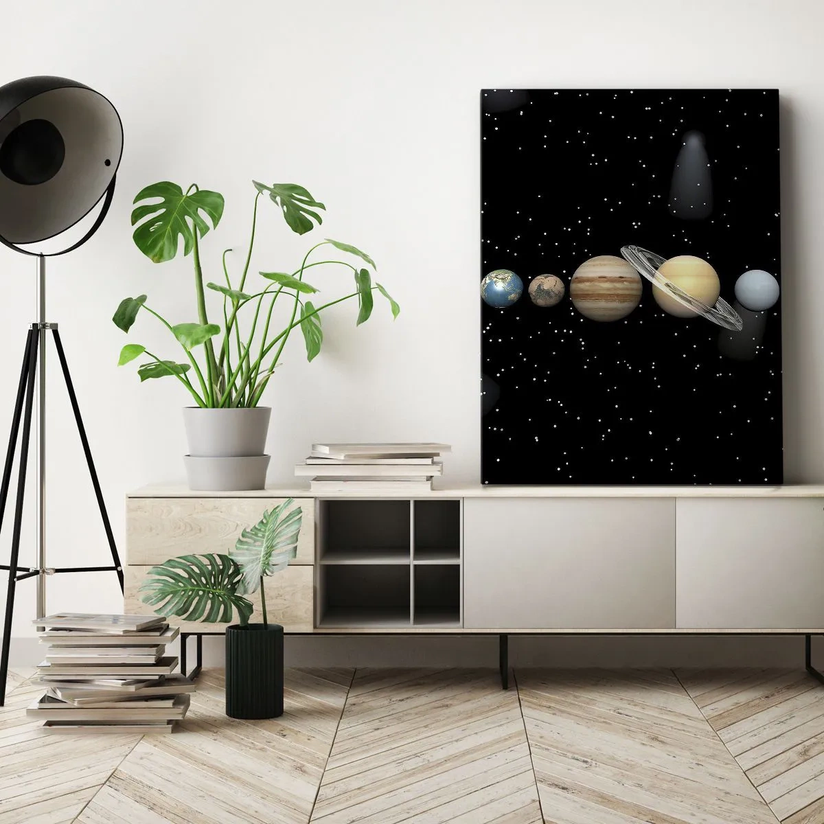 Bild auf Leinwand - Leinwandbild - Das Sonnensystem mit Planeten vor dem Hintergrund der Sterne im Weltraum - 80x120cm - Und die Planeten werden verrückt und toben ... - Moderne Wanddekoration für Wohnzimmer und Schlafzimmer ARTTOR