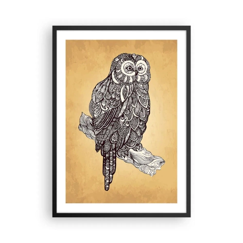 Poster in einem schwarzem Rahmen - Eine stilisierte Eule in ornamentalem Muster auf beigem Hintergrund. - 50x70cm - Kunstvolle Ornamente der Weisheit - Moderne Wanddekoration für Wohnzimmer und Schlafzimmer ARTTOR