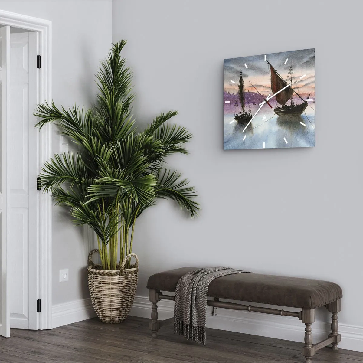 Wanduhr - Glasuhr - Zwei Segelschiffe liegen in der Abenddämmerung auf ruhigem Wasser vor Anker - 30x30cm - Abend am Hafen - Moderne Wanddekoration für Wohnzimmer und Schlafzimmer ARTTOR