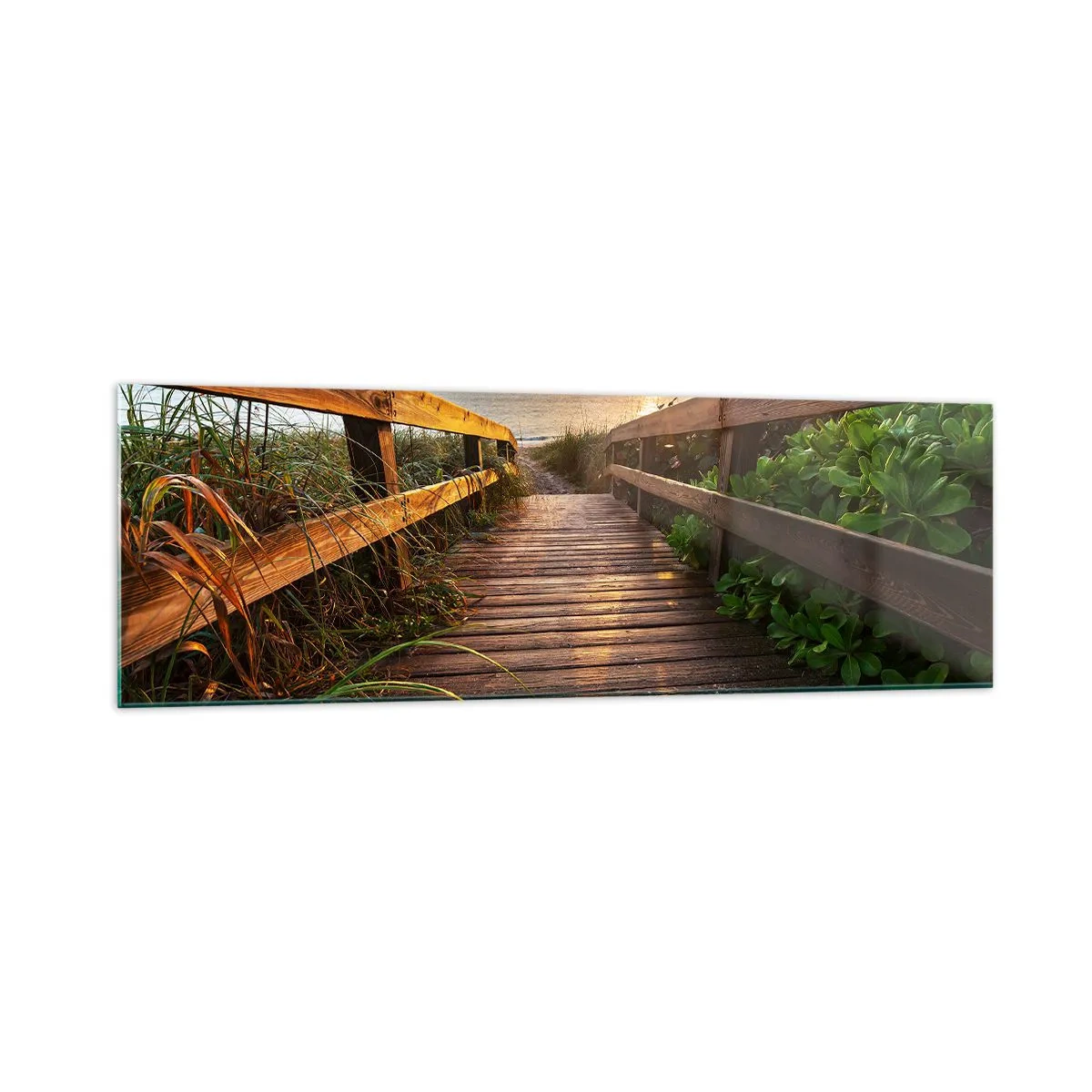 Glasbild - Bild auf glas - Holzsteg zum Strand bei Sonnenuntergang - 160x50cm - Und direkt ans Ufer - Moderne Wanddekoration für Wohnzimmer und Schlafzimmer ARTTOR
