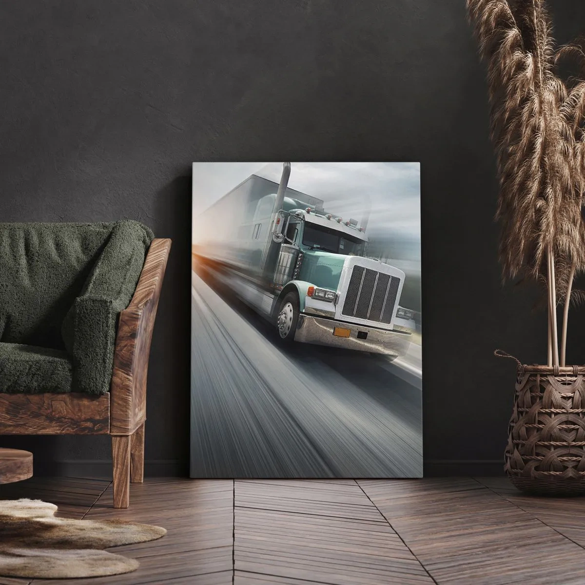 Bild auf Leinwand - Leinwandbild - Ein LKW auf der Autobahn in Bewegung bei Sonnenuntergang - 50x70cm - Der amerikanische Riese in Eile - Moderne Wanddekoration für Wohnzimmer und Schlafzimmer ARTTOR