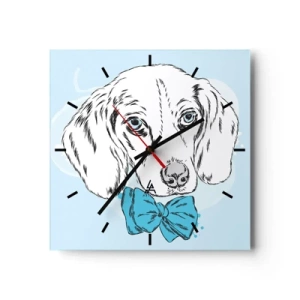 Wanduhr - Glasuhr - Entzückende Grafik eines Hundes mit Fliege auf pastellfarbenem Hintergrund - 30x30cm - Hunde-Eleganz - Moderne Wanddekoration für Wohnzimmer und Schlafzimmer ARTTOR