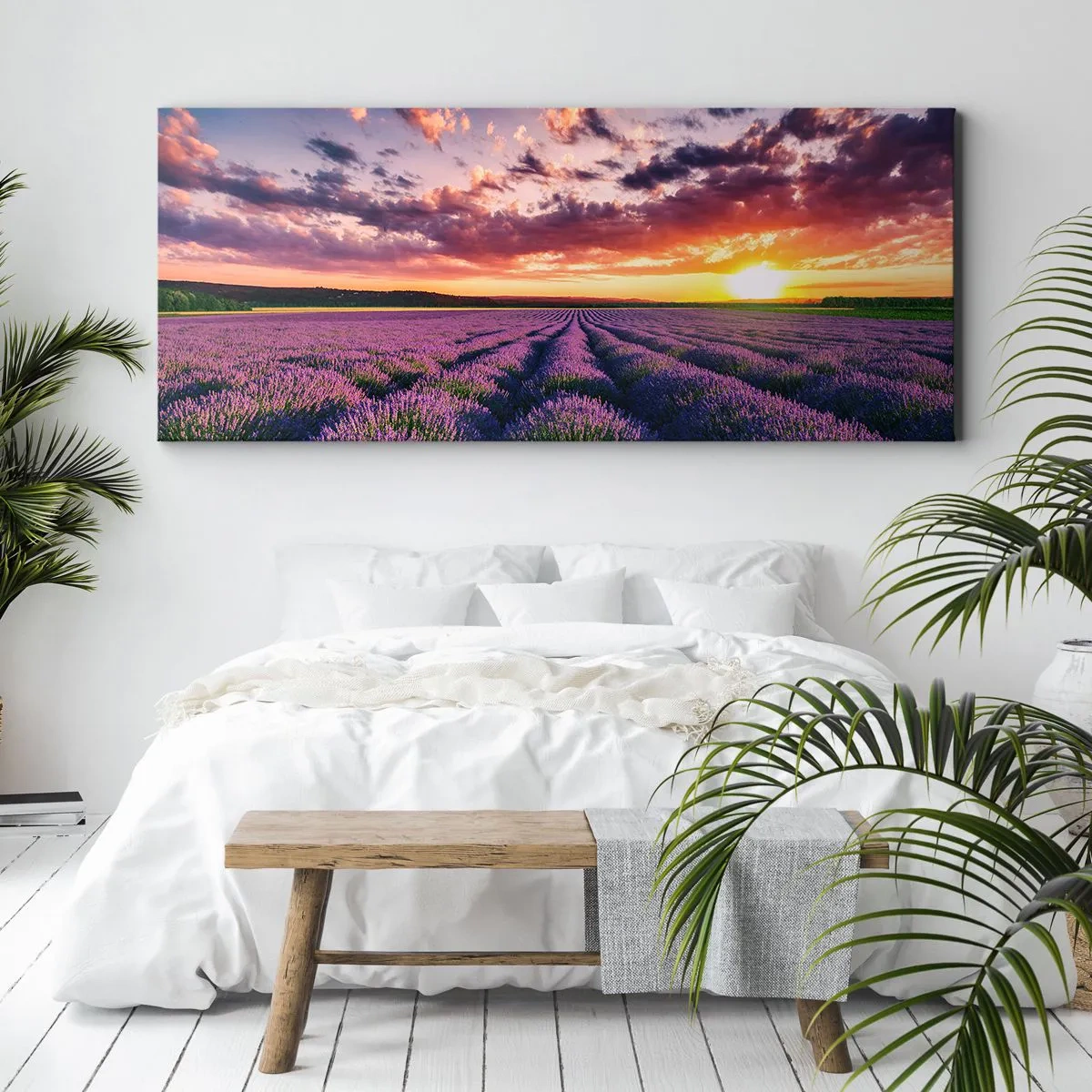 Bild auf Leinwand - Leinwandbild - Ein Lavendelfeld bei Sonnenuntergang mit einem farbenfrohen Himmel - 120x50cm - Lavendel Welt - Moderne Wanddekoration für Wohnzimmer und Schlafzimmer ARTTOR