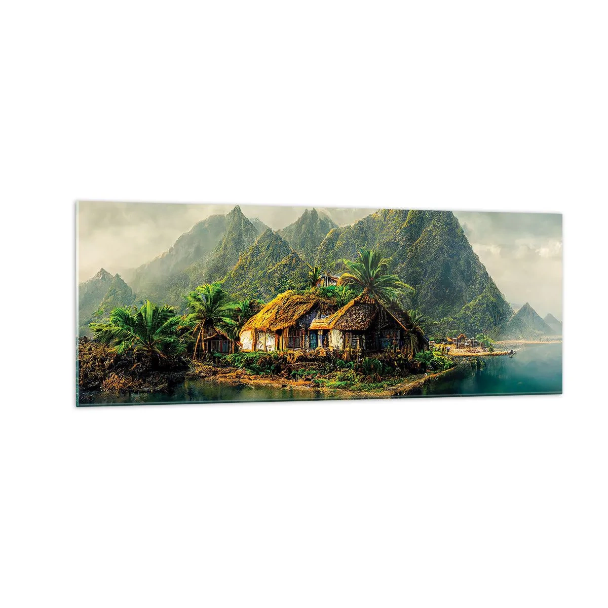 Glasbild - Bild auf glas - Eine tropische Insel mit Palmen und Bergen im Hintergrund - 140x50cm - Tropisches Paradies - Moderne Wanddekoration für Wohnzimmer und Schlafzimmer ARTTOR