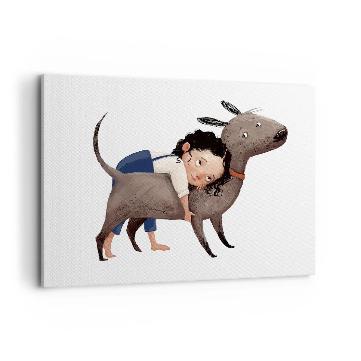Bild auf Leinwand - Leinwandbild - Cartoonartige Illustration eines Kindes, das einen Hund umarmt - 100x70cm - Beste Freunde - Moderne Wanddekoration für Wohnzimmer und Schlafzimmer ARTTOR