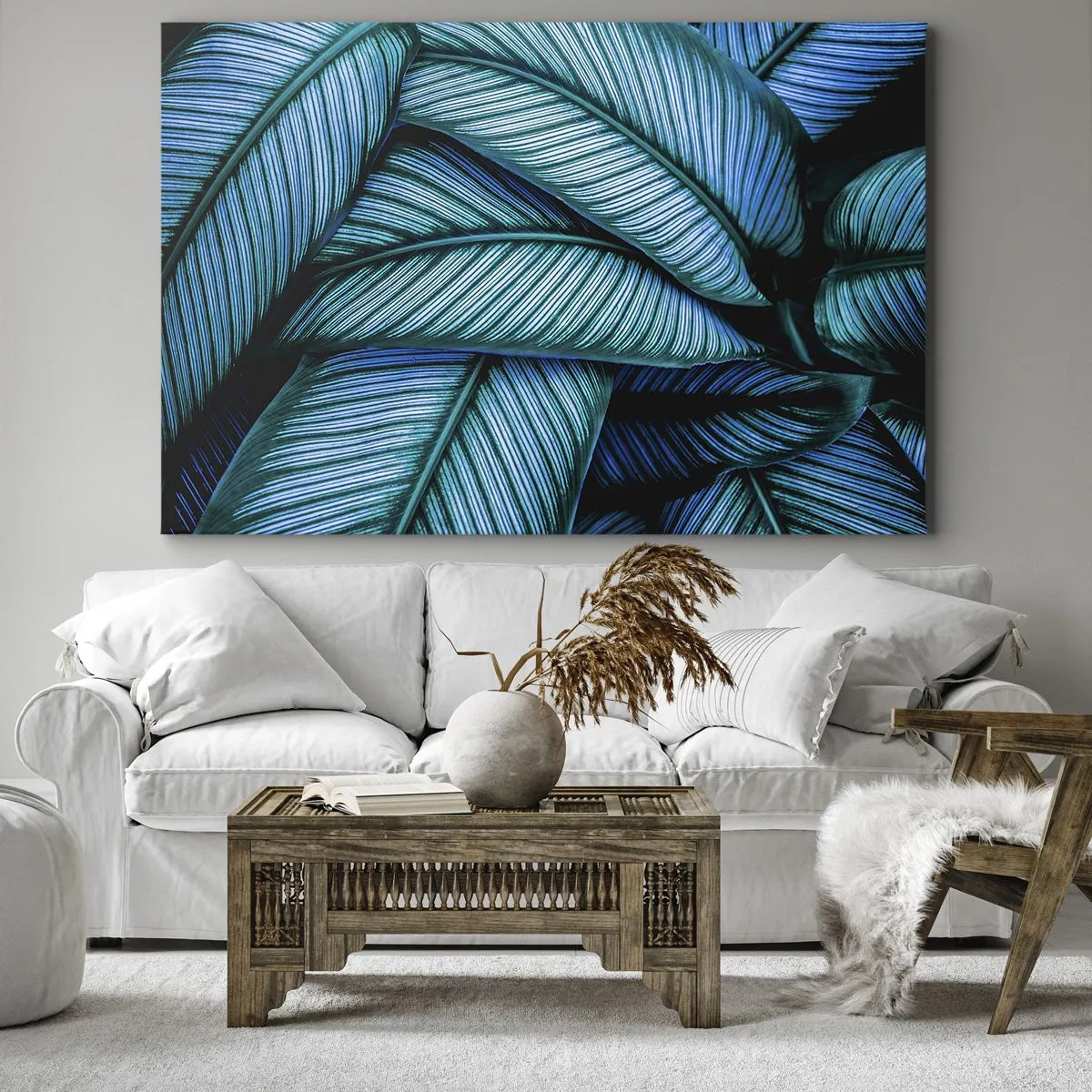 Bild auf Leinwand - Leinwandbild - Eine Nahaufnahme von türkisfarbenen Blättern mit lebendigen Details. - 70x50cm - Lebenslinien - Moderne Wanddekoration für Wohnzimmer und Schlafzimmer ARTTOR