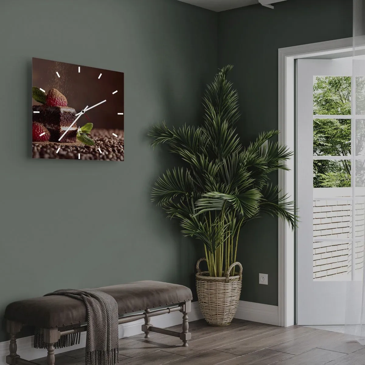 Wanduhr - Glasuhr - Schokoladenkuchen mit Himbeeren und Minze auf einem Hintergrund aus Kakaobohnen - 30x30cm - Das Leben ist süß - Moderne Wanddekoration für Wohnzimmer und Schlafzimmer ARTTOR