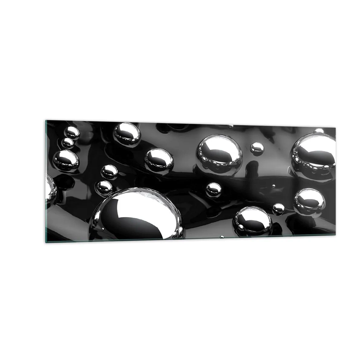 Glasbild - Bild auf glas - Abstrakte Tropfen auf einer schwarzen Oberfläche - 140x50cm - Aus der schwarzen Wassertiefe - Moderne Wanddekoration für Wohnzimmer und Schlafzimmer ARTTOR