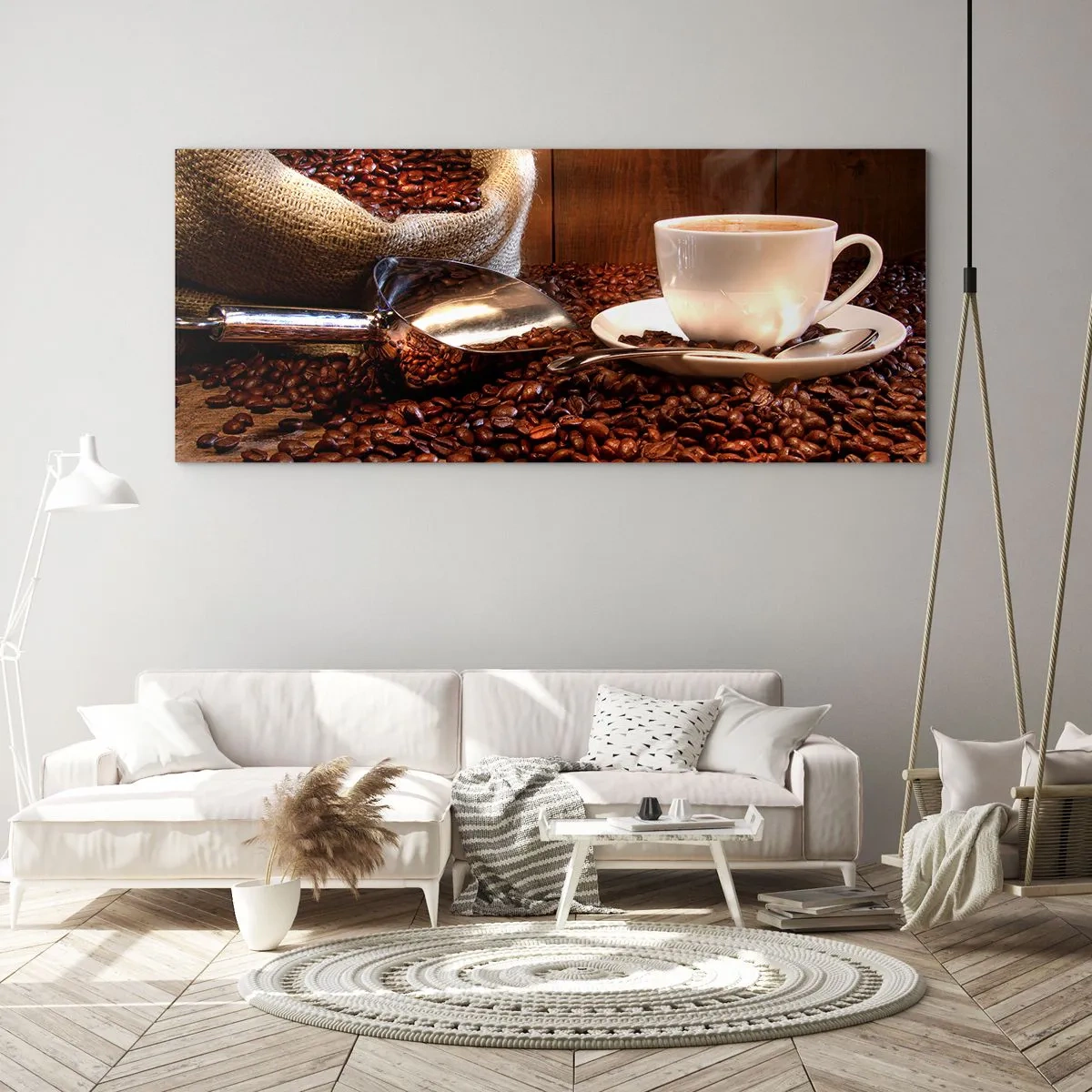 Glasbild - Bild auf glas - Eine Tasse Kaffee mit Kaffeebohnen und einem Getreidesack im Hintergrund - 140x50cm - Fühlst du diesen Geruch? - Moderne Wanddekoration für Wohnzimmer und Schlafzimmer ARTTOR
