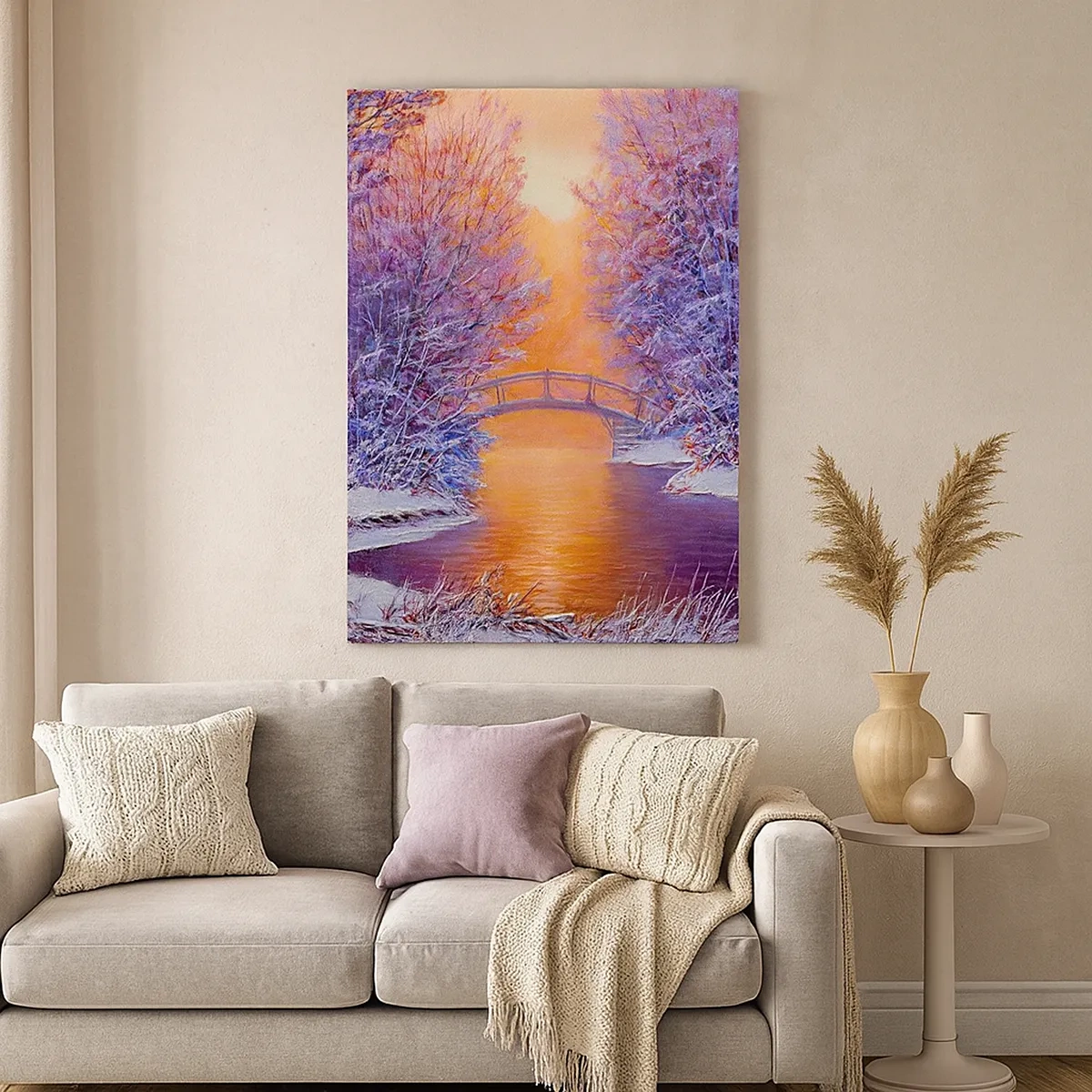 Bild auf Leinwand - Leinwandbild - Winterlandschaft mit Brücke und Sonnenuntergang - 50x70cm - Treffen wir uns hier - Moderne Wanddekoration für Wohnzimmer und Schlafzimmer ARTTOR