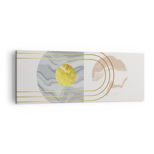 Bild auf Leinwand - Leinwandbild - Abstrakte Komposition mit Kreisen und goldenen Linien auf hellem Hintergrund. - 140x50cm - Helligkeit und Brillanz - Moderne Wanddekoration für Wohnzimmer und Schlafzimmer ARTTOR