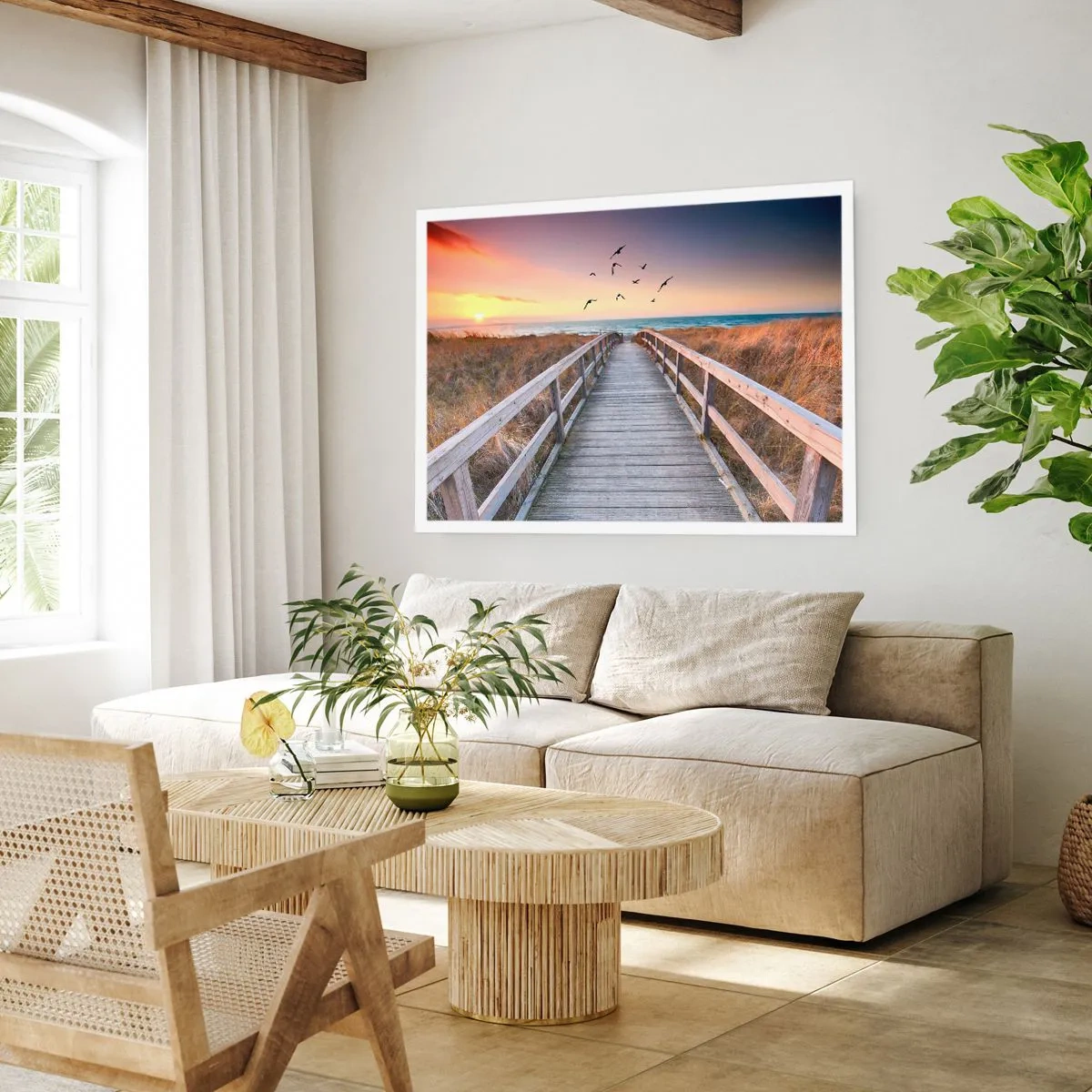 Poster - Holzsteg zum Strand bei Sonnenuntergang - 100x70cm - Der Raum für Auffliegen - Moderne Wanddekoration für Wohnzimmer und Schlafzimmer ARTTOR
