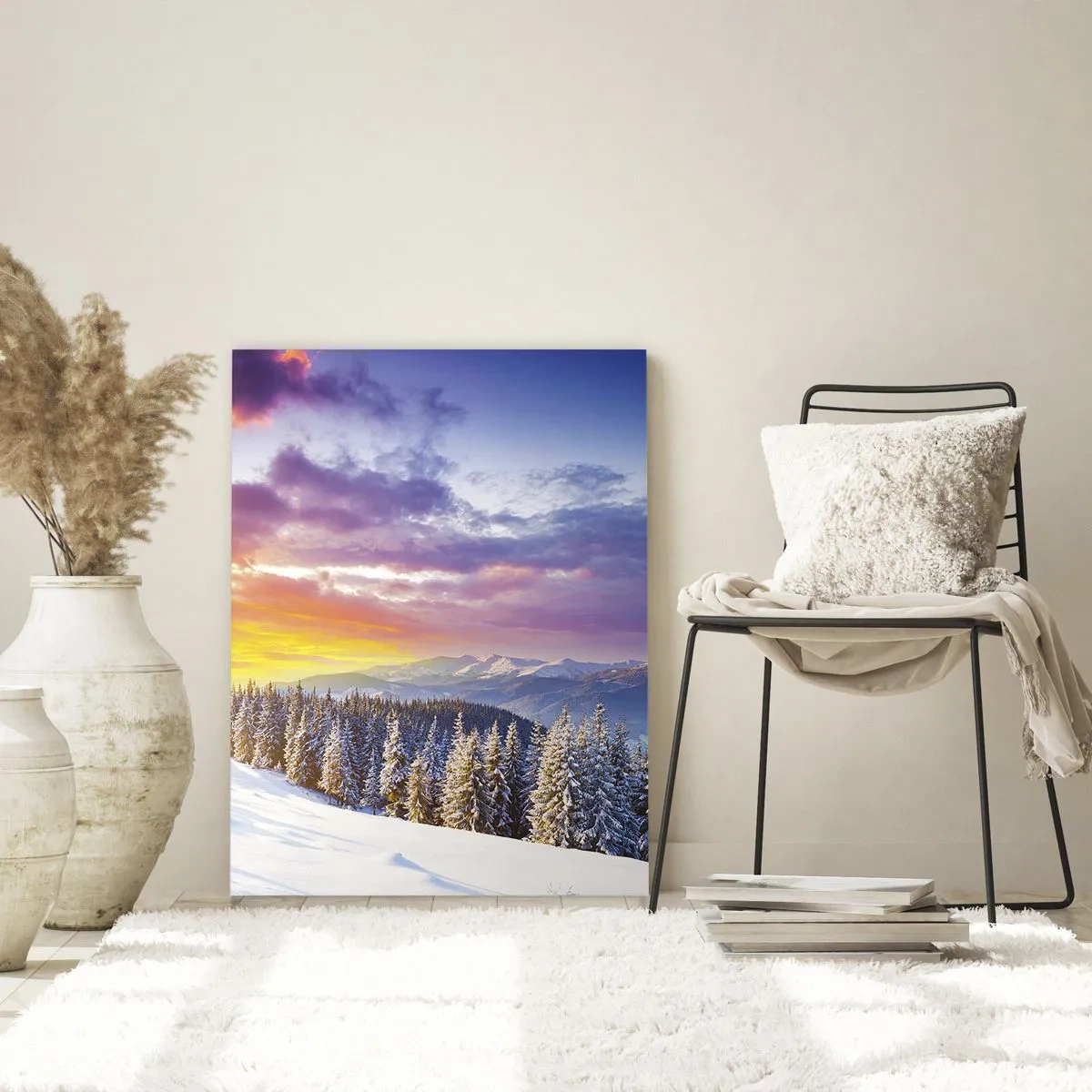 Glasbild - Bild auf glas - Winterlandschaft mit Bergen und Wald bei Sonnenuntergang - 80x120cm - Am helllichten Tag - Moderne Wanddekoration für Wohnzimmer und Schlafzimmer ARTTOR