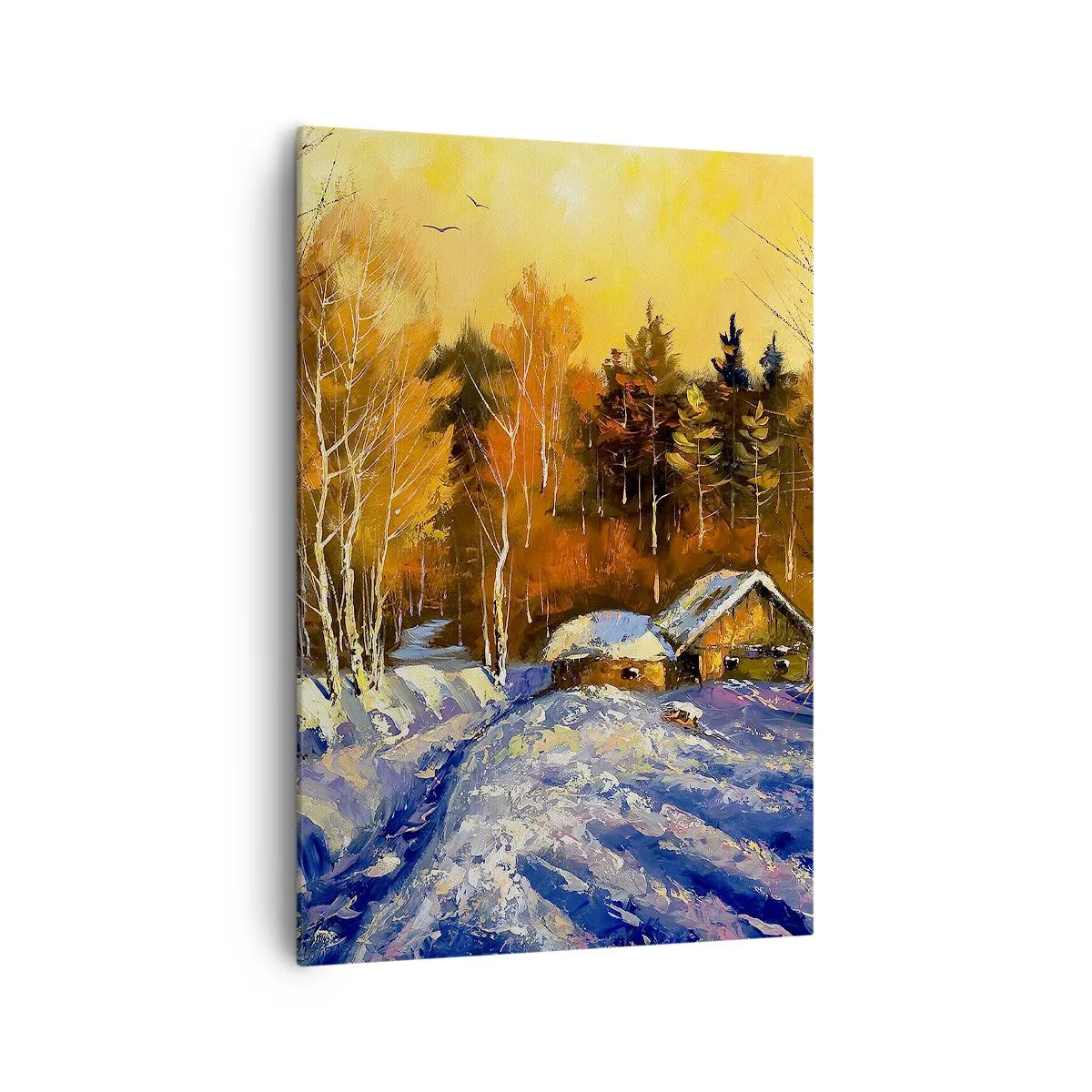 Bild auf Leinwand - Leinwandbild - Winterlandschaft mit einem Haus im Licht der untergehenden Sonne - 70x100cm - Wintereindruck in der Sonne - Moderne Wanddekoration für Wohnzimmer und Schlafzimmer ARTTOR