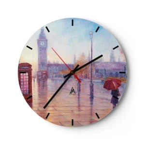 Wanduhr - Glasuhr - Eine malerische Stadtlandschaft mit Big Ben und einem roten Regenschirm - 30x30cm - Londoner Herbsttag - Moderne Wanddekoration für Wohnzimmer, Küche und Schlafzimmer ARTTOR