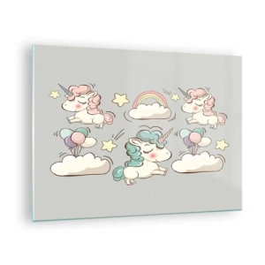 Glasbild - Bild auf glas - Niedliche Einhörner in den Wolken mit einem Regenbogen und Luftballons - 70x50cm - Sicherlich gibt es... - Moderne Wanddekoration für Wohnzimmer und Schlafzimmer ARTTOR