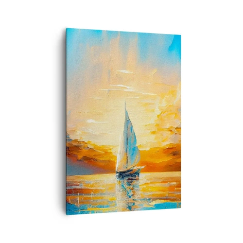 Bild auf Leinwand - Leinwandbild - Ein Segelboot vor der Kulisse der untergehenden Sonne und bunten Wolken - 70x100cm - In Gold segeln - Moderne Wanddekoration für Wohnzimmer und Schlafzimmer ARTTOR