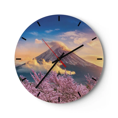 Wanduhr - Glasuhr - Ein Berg in den Wolken mit einer Kirschblüte im Vordergrund - 30x30cm - Japanische Heiligkeit - Moderne Wanddekoration für Wohnzimmer, Küche und Schlafzimmer ARTTOR