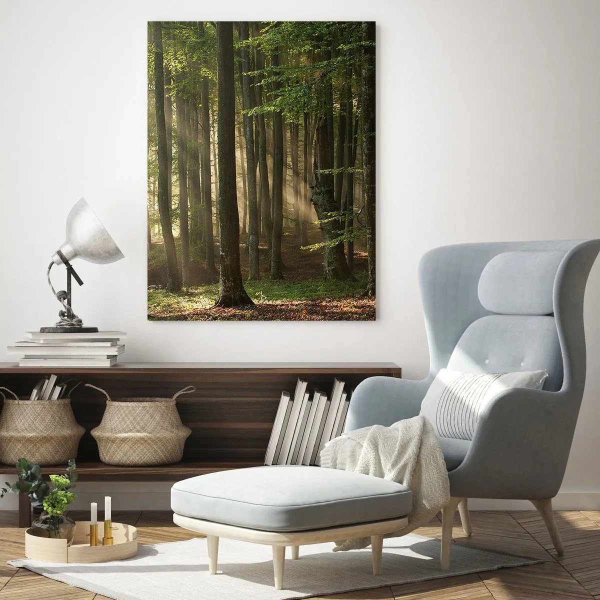 Glasbild - Bild auf glas - Sonnenstrahlen scheinen durch die Bäume im Wald - 50x70cm - Strahlend an einem Frühlingsmorgen - Moderne Wanddekoration für Wohnzimmer und Schlafzimmer ARTTOR
