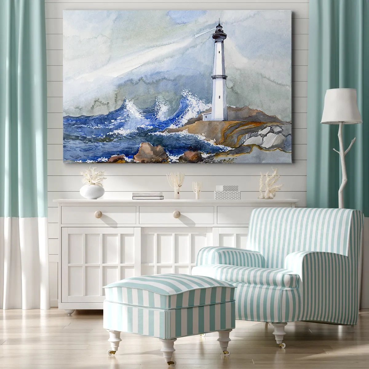 Bild auf Leinwand - Leinwandbild - Ein Leuchtturm an einer felsigen Küste mit rauer See - 70x50cm - Gegen die Dunkelheit und den Sturm - Moderne Wanddekoration für Wohnzimmer und Schlafzimmer ARTTOR