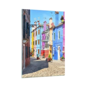 Glasbild - Bild auf glas - Bunte Gebäude in einer engen Straße in einer sonnigen Stadt - 50x70cm - Städtchen "Zu Papageien" - Moderne Wanddekoration für Wohnzimmer und Schlafzimmer ARTTOR