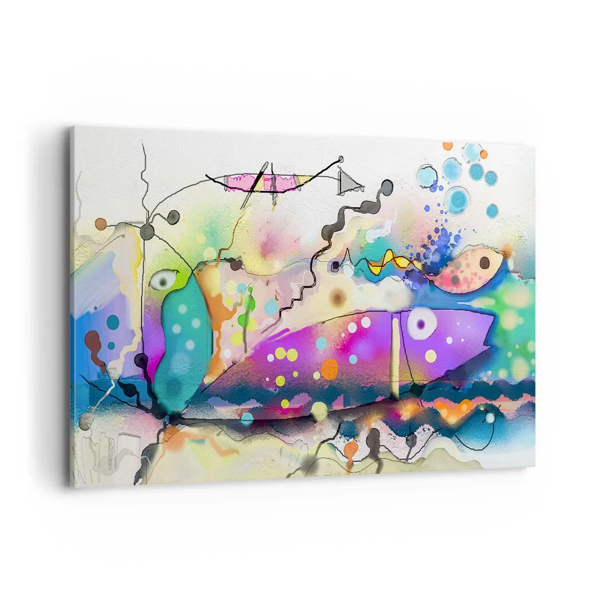 Bild auf Leinwand - Leinwandbild - Abstrakter Fisch in einer farbenfrohen, surrealen Komposition - 120x80cm - Es fehlen die Worte! - Moderne Wanddekoration für Wohnzimmer und Schlafzimmer ARTTOR