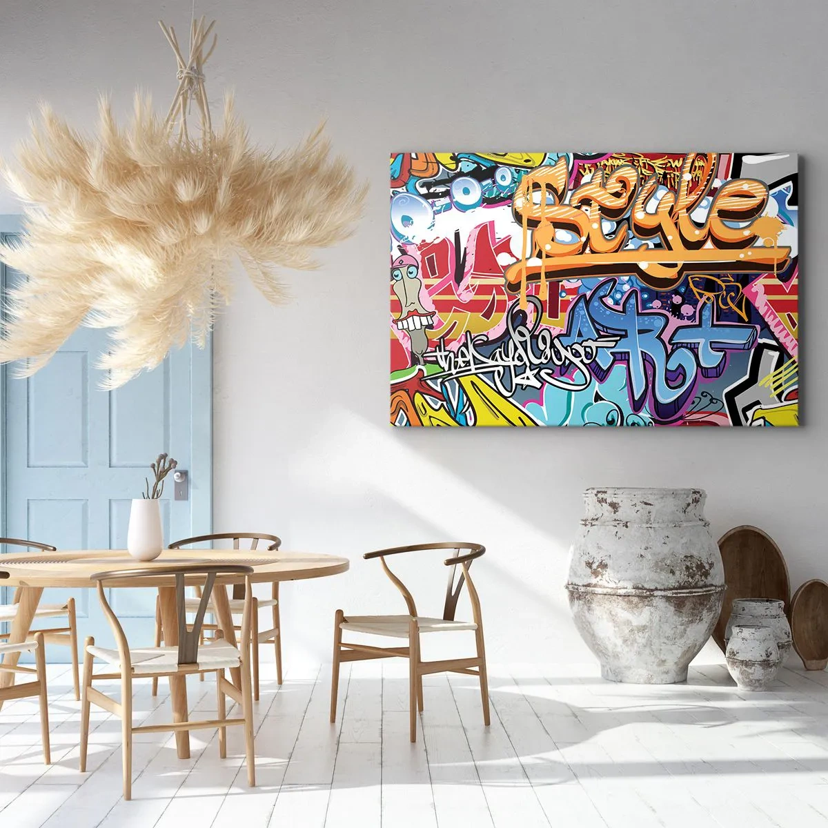 Bild auf Leinwand - Leinwandbild - Bunte Graffiti mit dynamischen Aufschriften und Illustrationen - 120x80cm - Wandbilder, Wandbilder, Wandbilder ... - Moderne Wanddekoration für Wohnzimmer und Schlafzimmer ARTTOR